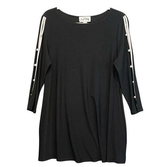JOSEPH RIBKOFF Dress Women's Size 10 Black Pearl Button Slit 3/4 Sleeve Tunic - Picture 1 of 10